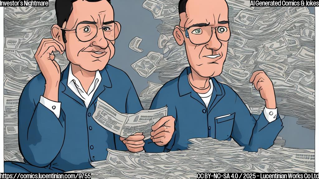 Cartoon style image of a worried-looking investor in pajamas, sitting up in bed with wide eyes. A newspaper with headlines about economic downturn floats in the air, surrounded by swirling wind and a house of cards on the verge of collapse. The color palette is muted and slightly desaturated to evoke a sense of anxiety. The background is a simple, plain light blue color.
