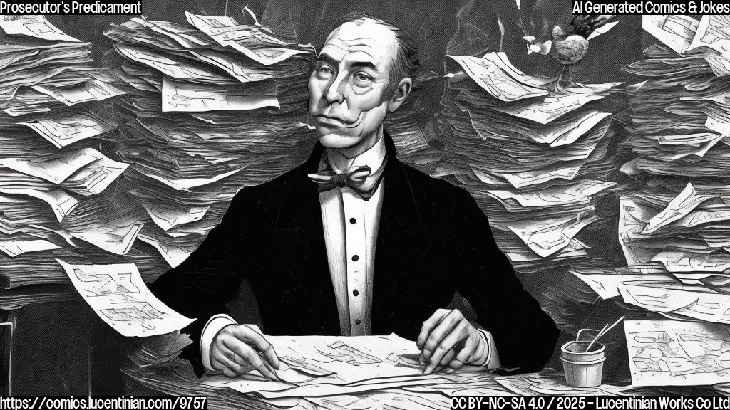A simple cartoon illustration of a stern-looking man in a dark suit, looking stressed while sitting at a desk piled high with papers. A small chicken is perched on his shoulder, whispering in his ear. The background is a plain blue.