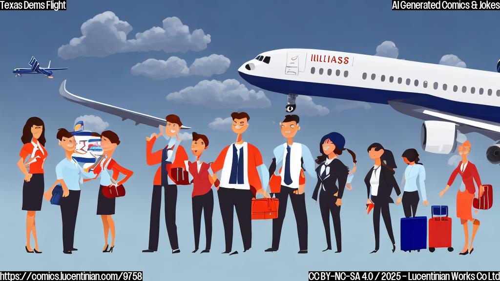Cartoon style image of a group of smiling, generic-looking people (stick figures) dressed in business attire, some carrying suitcases, boarding a generic-looking airplane with "Illinois" written on the side. The sky is plain blue.