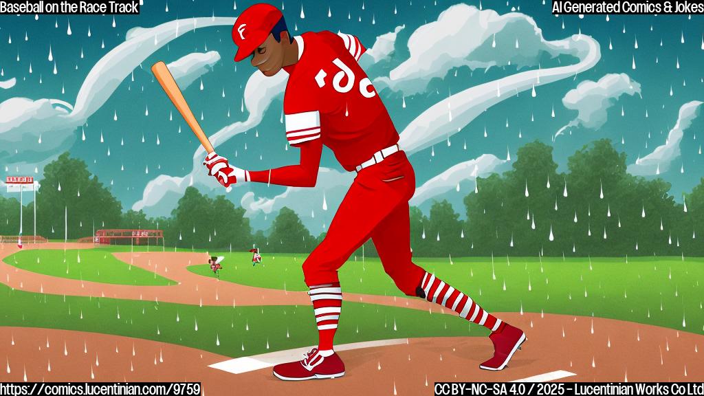 Cartoon illustration of a baseball player in a red and white uniform, holding a baseball bat and looking confusedly at a road map on a gray racing track. The sky is light gray and it is raining, with big raindrops falling. The style is simple and colorful, with a plain background.