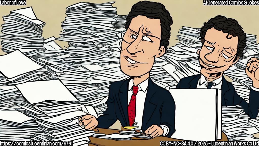 A plain cartoon image of a stressed-out statistician with wild hair sitting at a desk piled high with papers and a calculator, looking anxiously at a large, imposing figure in a business suit pointing a finger at them. The background is a bland office setting.