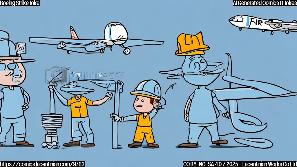 Cartoon style, plain light blue background, a simplified drawing of three factory workers with hard hats and picket signs. One sign says "Fair Pay!" another says "Respect!" and the third says "No More Peanuts!". A very simplified airplane is flying above them.