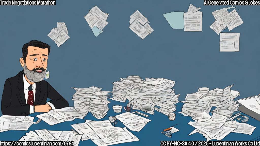 Cartoon style image of a trade negotiator in a business suit, lying on a sleeping bag in a conference room. The conference table is surrounded by stacks of papers. The room has a whiteboard with economic graphs on it. The color of the background is light blue.