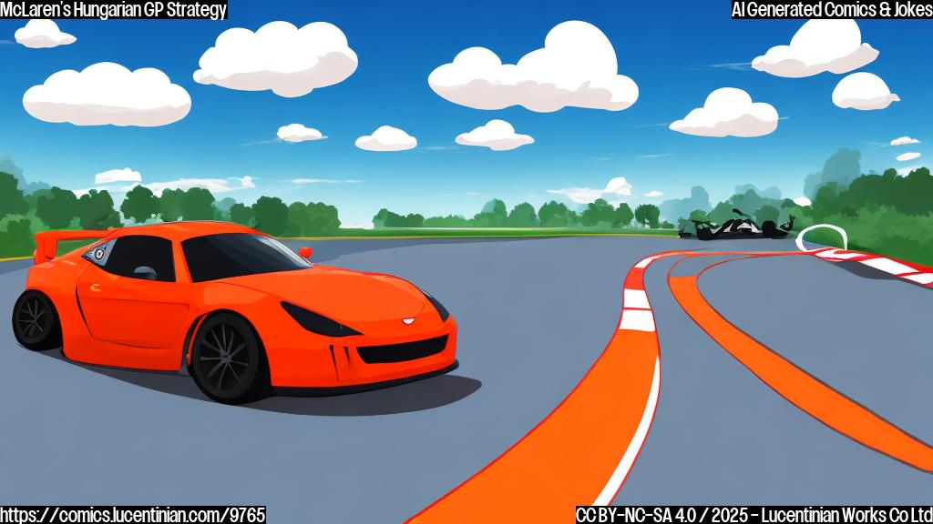 A cartoon image with plain colors showing a race car driving on a track. The car is going in a different direction than all the other cars. The sky is bright blue and the track is gray.