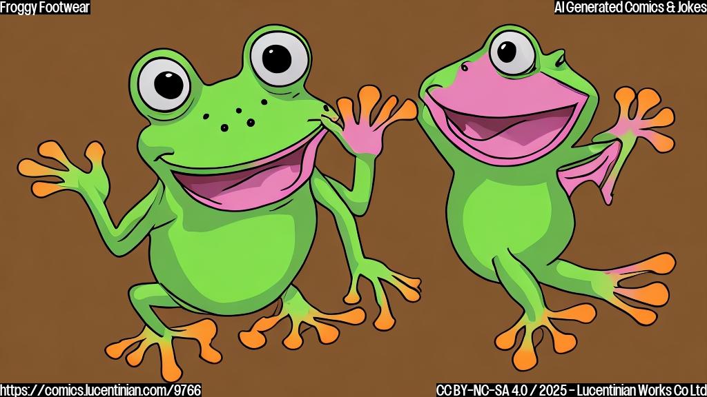 A cartoon frog happily wearing open-toed sandals, plain background, cartoon style