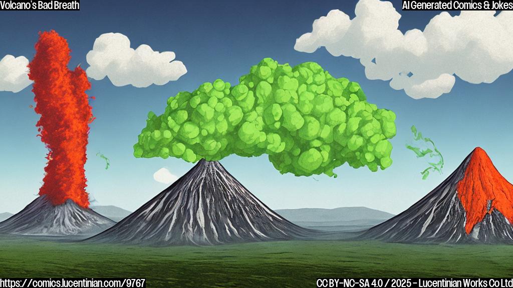 A simple cartoon image of a green geologist giving a giant mint to a red volcano with smoke coming out of its top. The sky is plain blue.