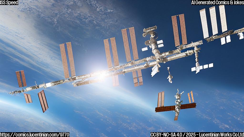 A cartoon-style International Space Station zipping across a plain blue sky, leaving a trail of stunned-looking stick figures on the ground below. The background is a single, solid color.