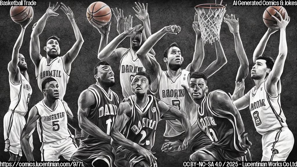 Cartoon drawing, plain color background, a sad looking basketball with sweat drops is being passed from a team wearing dark jerseys to a team wearing light jerseys.