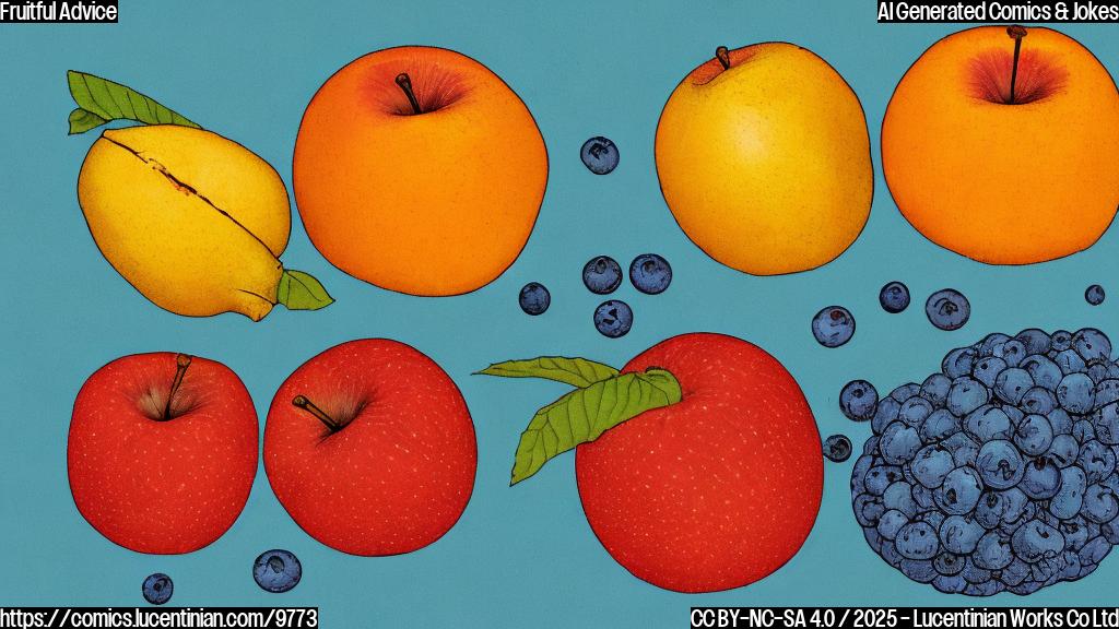 A simple, plain cartoon style image depicting four different fruits: a red apple, a yellow banana, a cluster of blue blueberries, and an orange orange. The fruits are arranged in a neat row, and the background is a light pastel green.