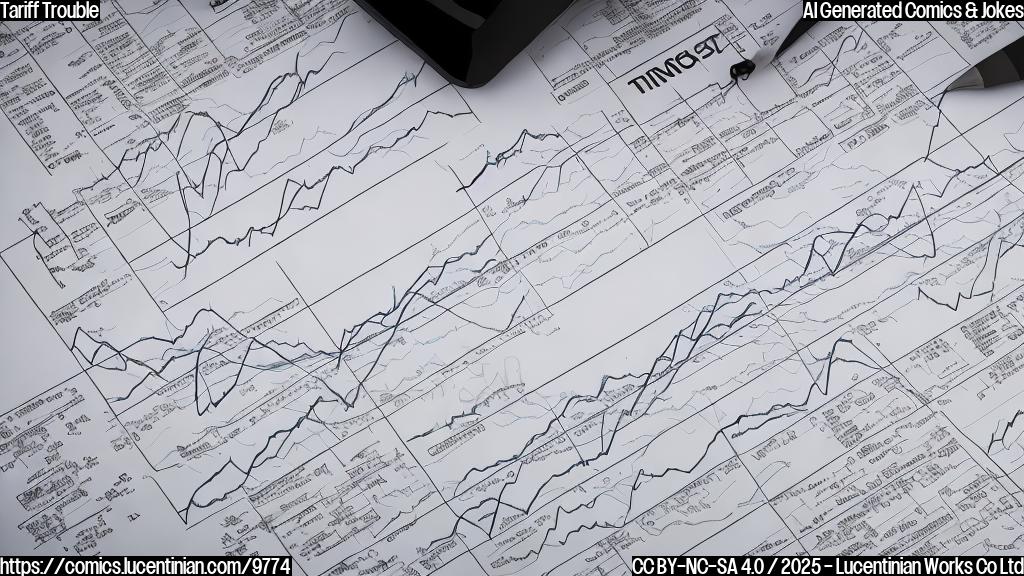 plain color cartoon style image of a sad looking stock market chart with downward pointing arrows next to a tariff document with an angry face, both standing far apart