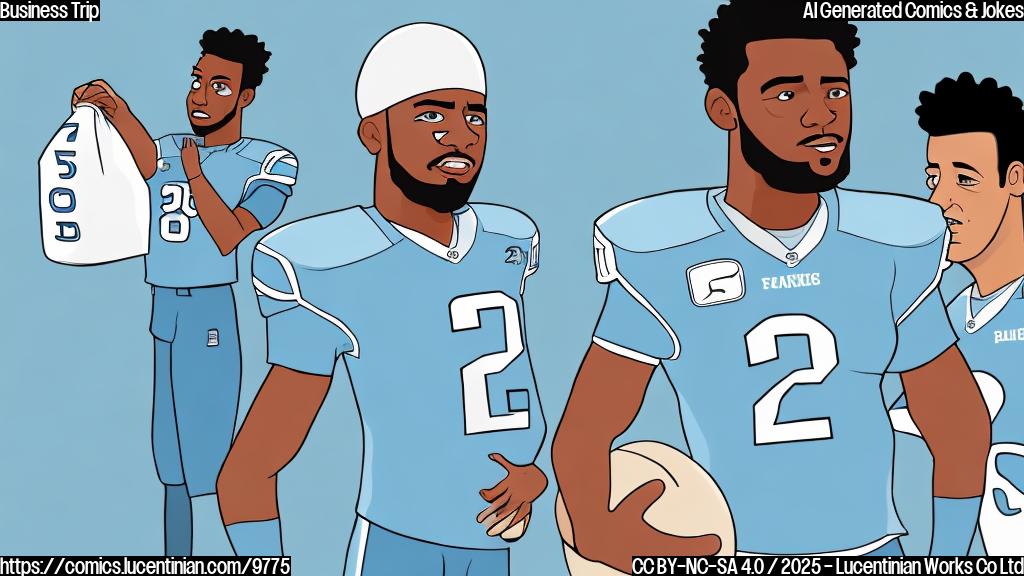 Cartoon illustration, plain background in light blue, a football player with number 28 in his jersey is talking on the phone and is standing near to a bag full of money.