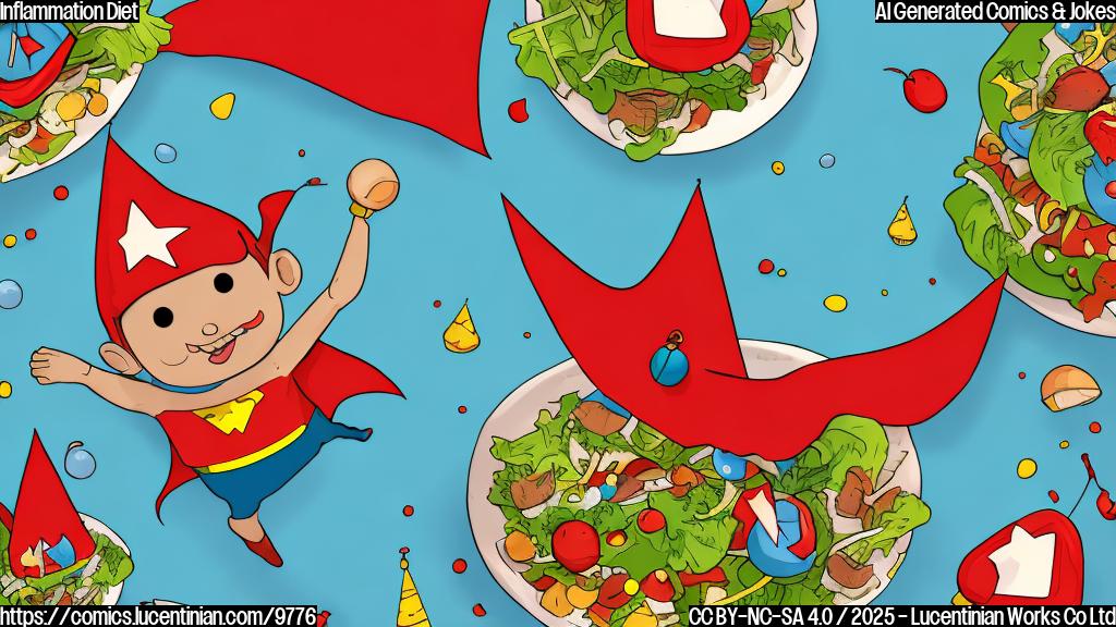 Cartoon style, plain light blue background, a stylized human body with a confused expression, tiny red party hats floating around its belly area, and a Mediterranean salad with a superhero cape standing nearby.
