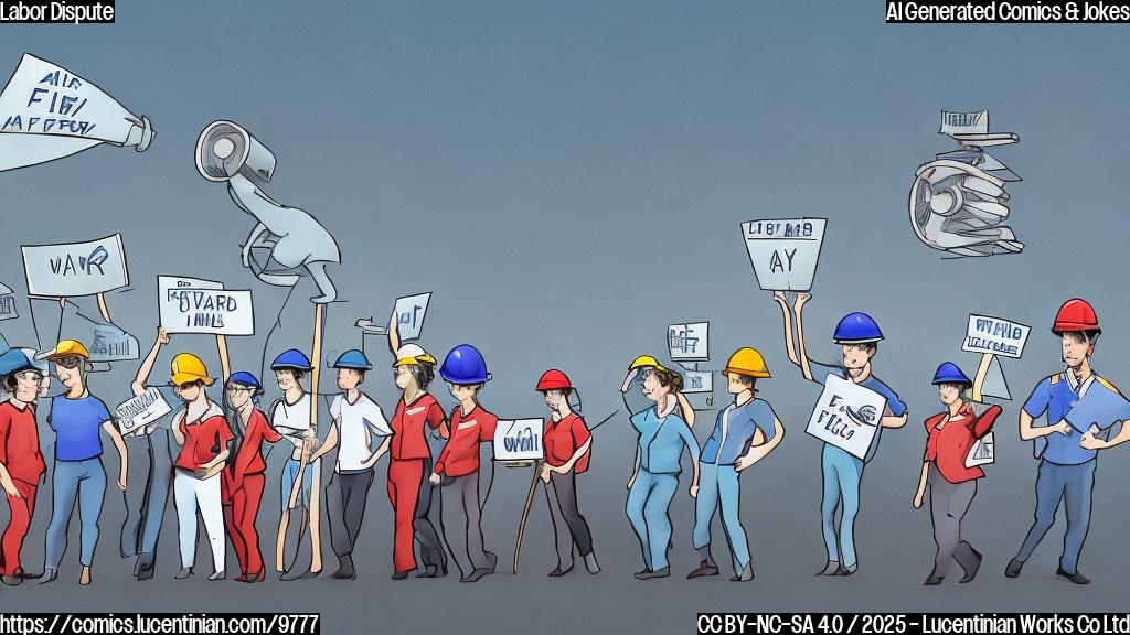 Cartoon image of stylized workers with hard hats holding picket signs that read "Fair Pay" and "Respect", outside a simplified aircraft factory building. The sky is plain light blue. The color style is plain and simple.