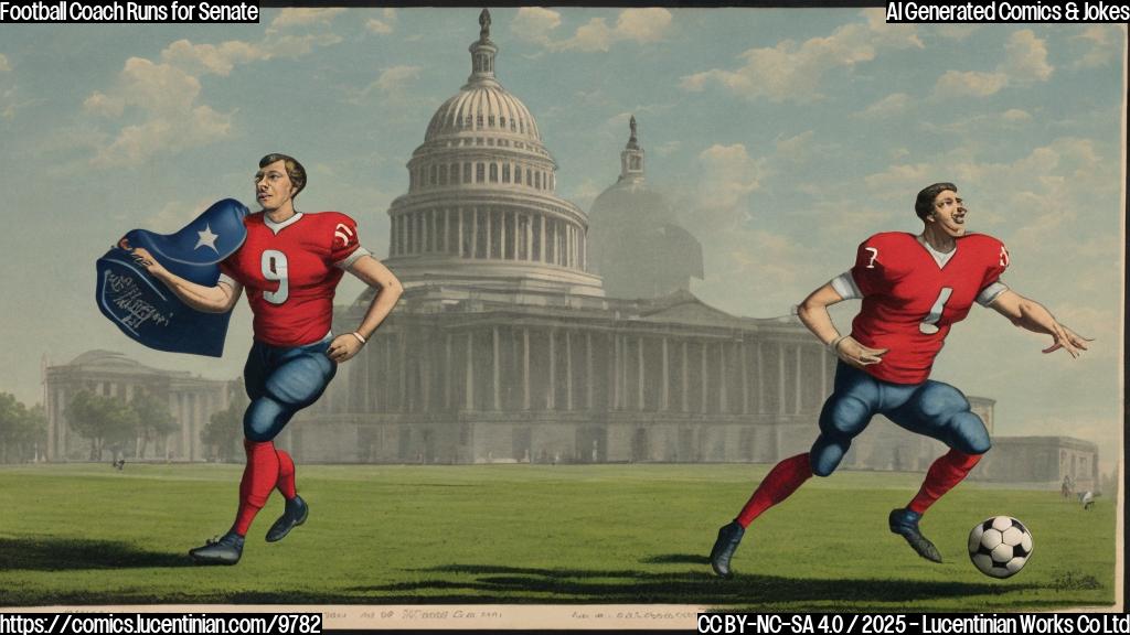Cartoon of a man in a football uniform running towards the U.S. Capitol building. The Capitol is made of foam and wobbles slightly. The sky is bright blue.