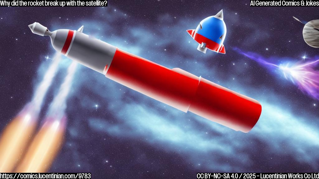 A cartoon drawing of a red and white rocket sadly waving goodbye to a blue and silver satellite floating away in the dark space. The rocket has tears coming from its window and the satellite has a sad expression. The background is a plain purple color.