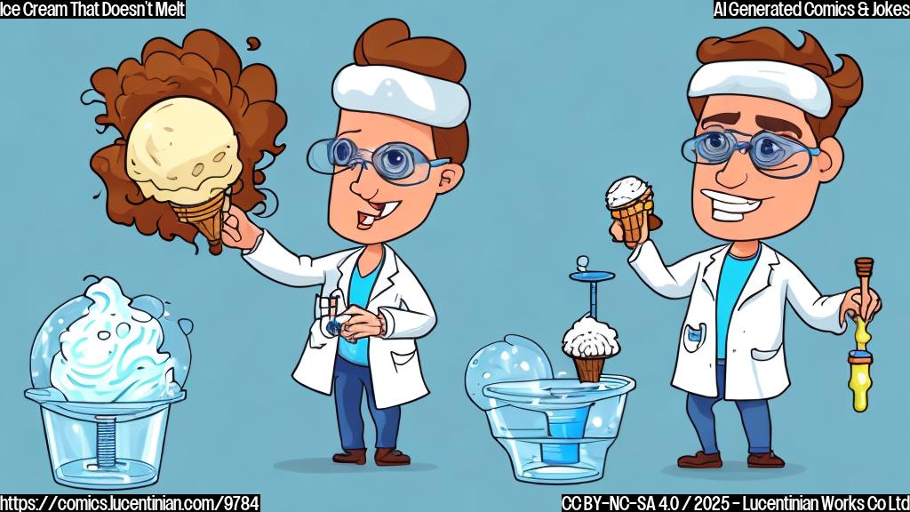 A scientist with crazy hair in a lab coat holding a perfect scoop of ice cream that's not melting, cartoon style, plain light blue background.