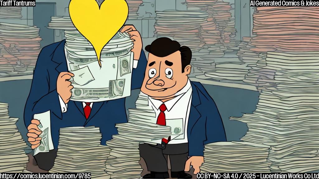 Cartoon of a sad-looking factory with a broken heart and a stack of papers labeled "Tariffs" looking smug with moneybags. The background is a plain light blue.