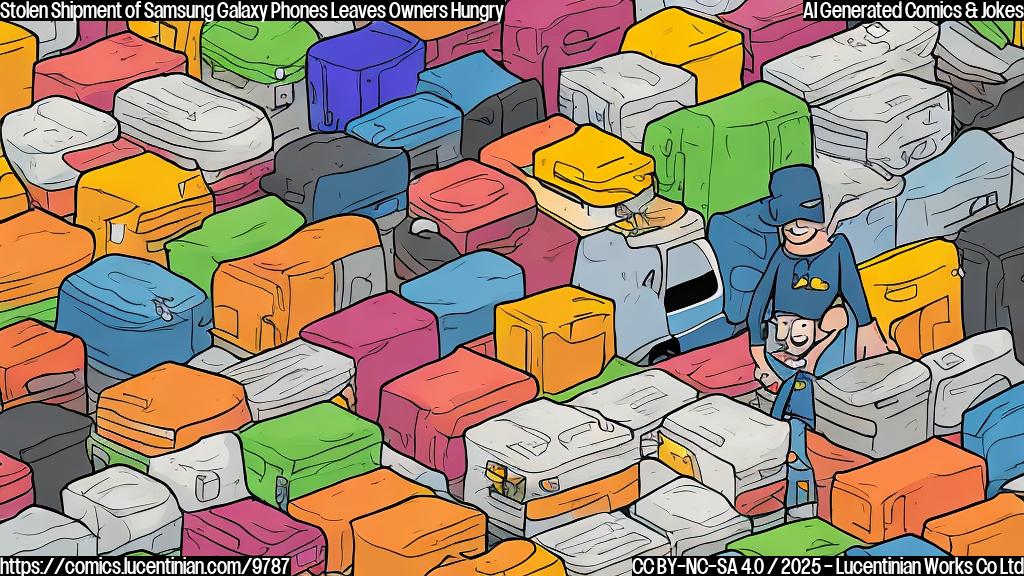 Draw a plain color cartoon style picture of a smiling truck driver with a worried expression, surrounded by empty food containers and a large pile of Galaxy phones.
