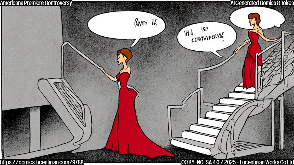 A simple, plain colored cartoon image depicting an actress in a glamorous red dress arriving at a movie premiere. A small cartoon ladder is near her, with a speech bubble above it saying "Controversy".