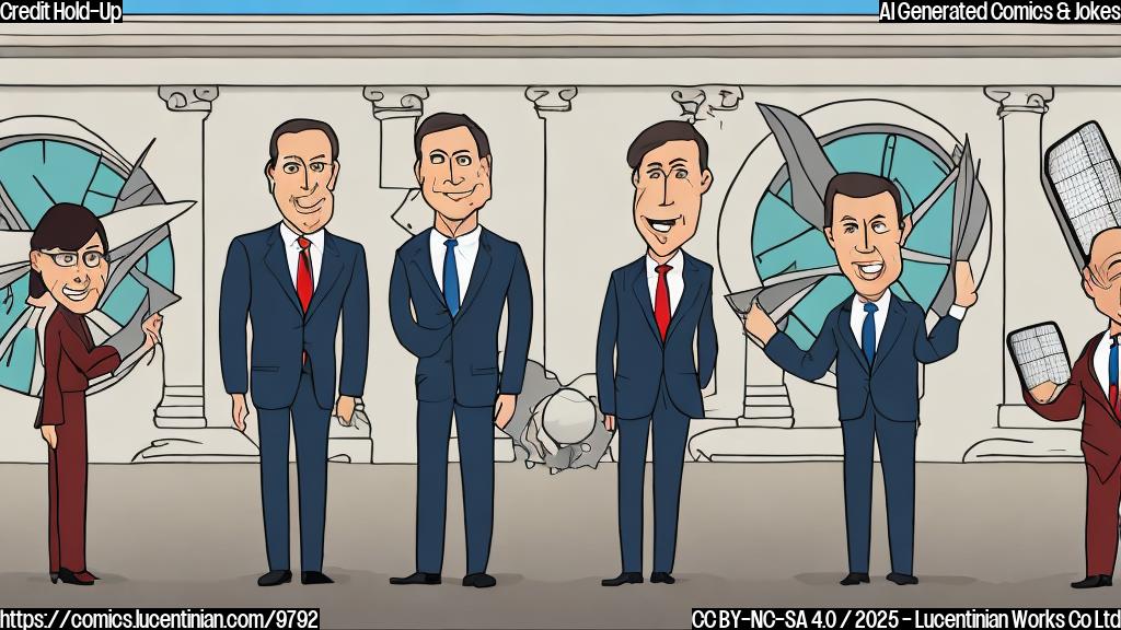 Cartoon of three generic senators, faceless, in suits, physically blocking the entrance to a large building labeled "Treasury." One senator is holding a giant wind turbine blade, another a large solar panel. The overall style should be simple, flat colors.