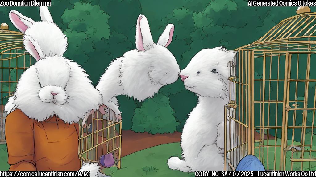 A simple, plain background cartoon image of a person looking nervously at a cute, fluffy rabbit in a cage. In the background, vaguely suggest a zoo with simplified predator enclosures.