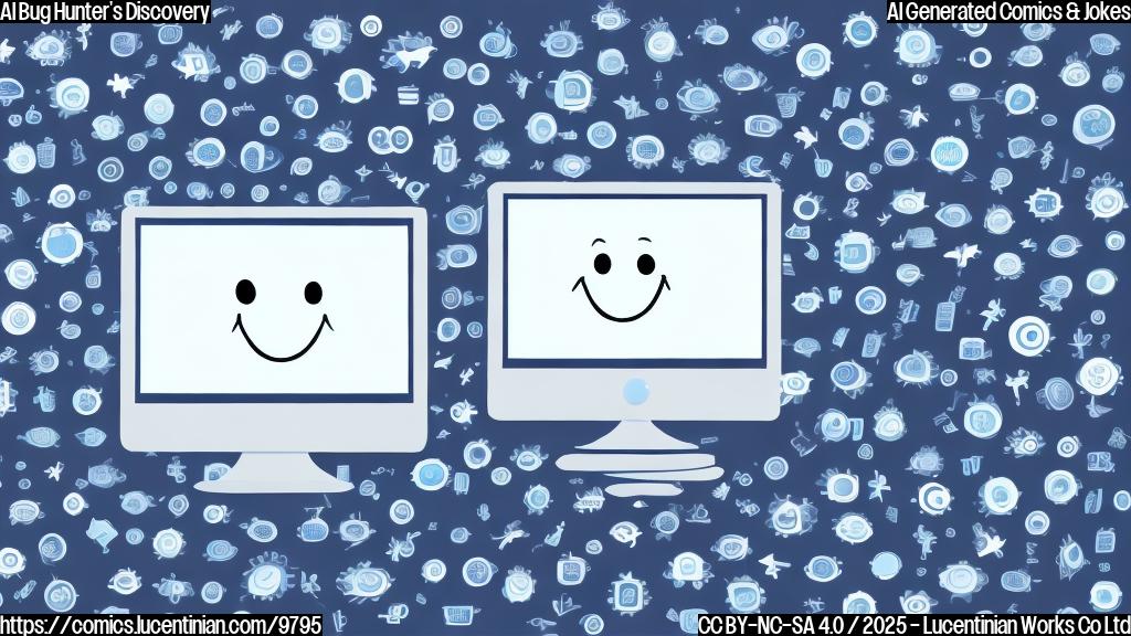A light blue, plain cartoon style image depicting a smiling computer monitor with a magnifying glass, surrounded by twenty small, simple icons representing bugs. The background is a solid white.
