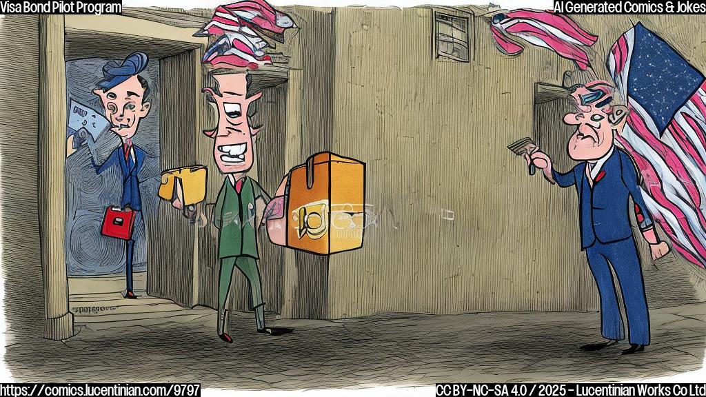 A cartoon drawing of a person with a suitcase overflowing with money standing outside a building with flags, with exaggerated facial expressions of worry and confusion. Plain color background.