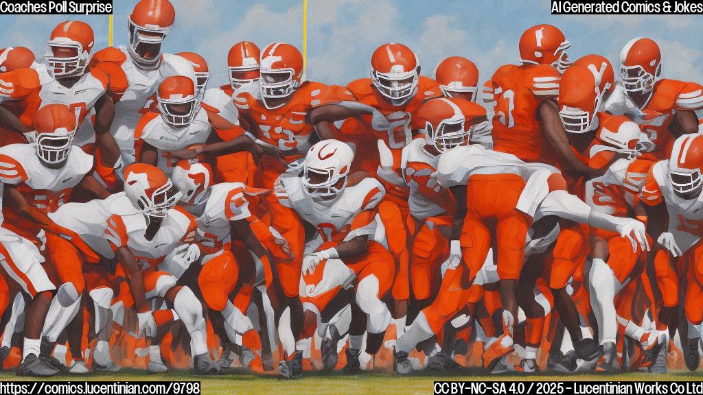 Plain color cartoon style. A football team, dressed in burnt orange uniforms with longhorns on their helmets, standing on a football field looking shocked and confused. The scoreboard in the background reads "#1 Preseason".