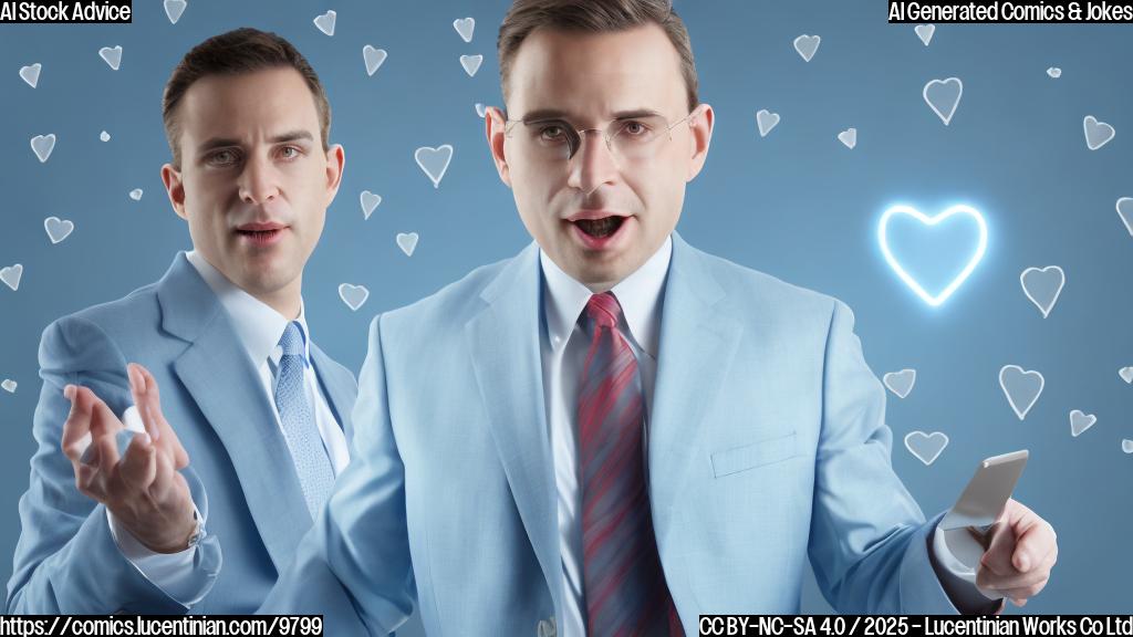 Cartoon style, plain light blue background. A surprised looking investor, dressed in a generic suit, stands next to a glowing computer screen. The screen displays charts, graphs, and a heart symbol.