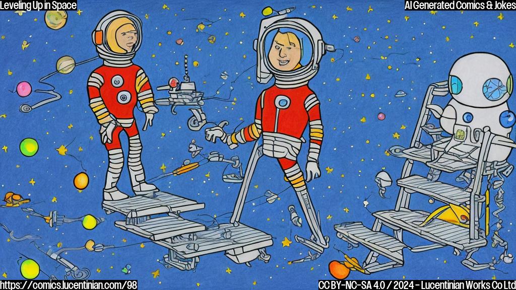 Draw a plain color cartoon-style picture of a spaceman wearing a big smile, holding a ladder and standing in front of a futuristic spaceship with flashing lights. The ladder should have rungs that resemble miniature rocket ships, and the spaceman's spacesuit should have a utility belt with various space-themed gadgets attached to it. The background should be a deep blue color with stars and planets visible in the distance. The entire scene should convey a sense of excitement and adventure.