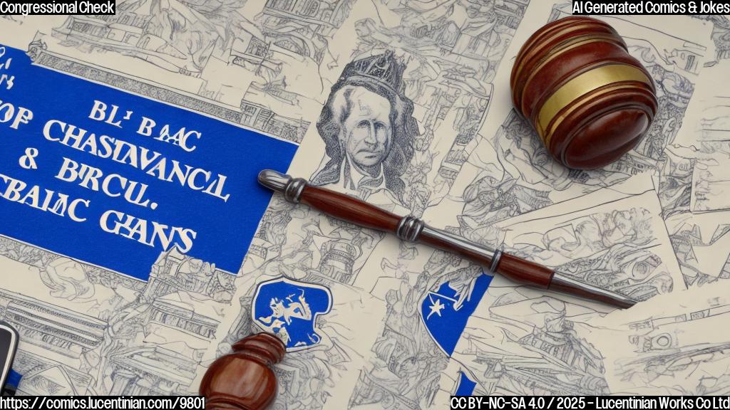 A cartoon drawing in plain colors of a legislative branch person, represented by a building with a gavel on top, handing a first-aid kit labeled "Congressional Check" to an executive branch person, represented by a building with a crown. The background is a simple blue sky.