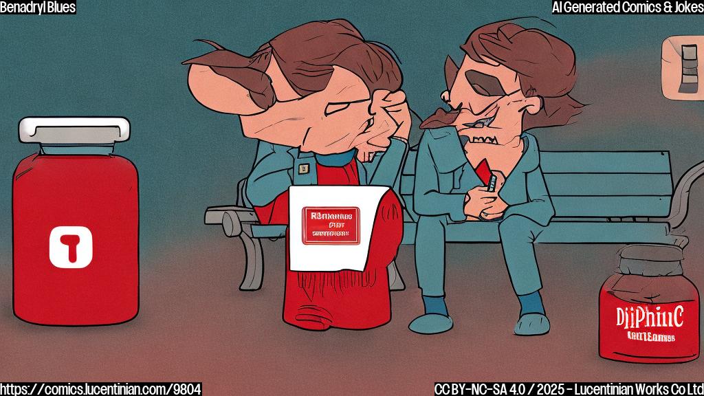 Cartoon of a sad, anthropomorphic red pill bottle labeled "Diphenhydramine" sitting on a park bench, looking dejected. In the background, a confident syringe with a cape labeled "Epinephrine" walks away triumphantly. The color palette should be plain and use simple shapes.