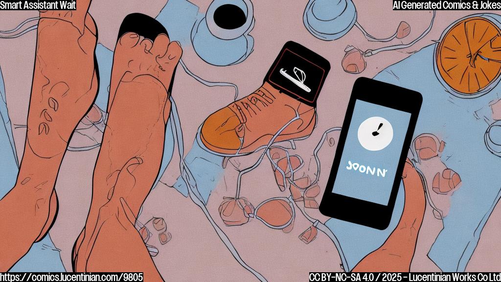 A person tapping their foot impatiently while looking at a smartphone that displays the word "SOON" in large letters. The phone is white and faceless, with a generic rounded rectangle shape. The background is a single, light blue color. Cartoon style.