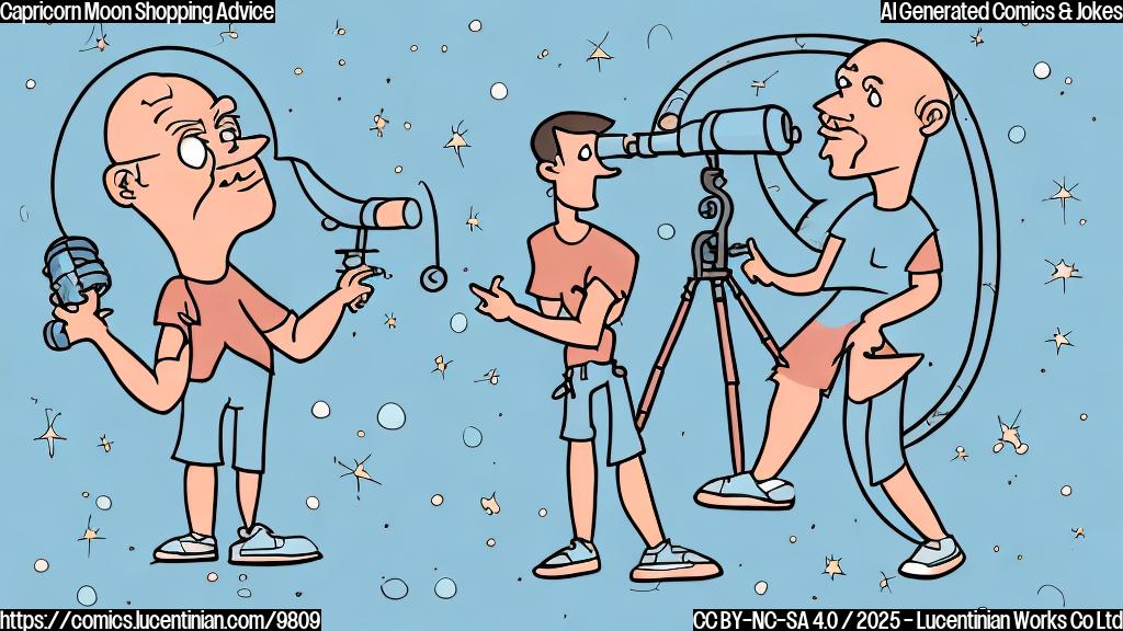 Cartoon style, plain light blue background, an astrologer with a telescope looking worried at a pair of shoes.