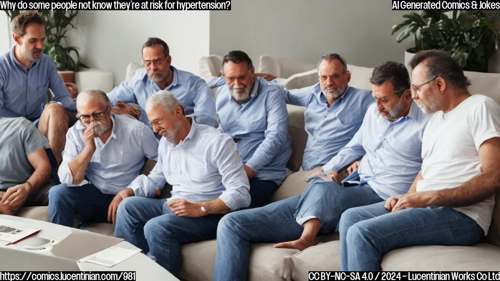 A group of middle-aged men sitting on a couch, looking relaxed and stressed at the same time, with one of them having an unread medical report in his hand.