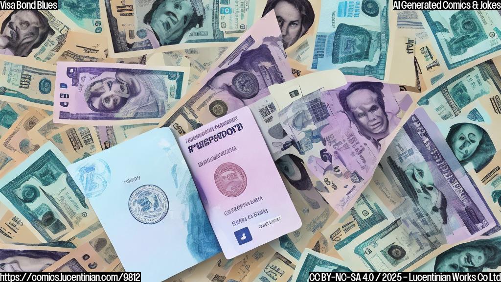 Cartoon image of a suitcase overflowing with stacks of cash, next to a passport. The background is a plain light blue.