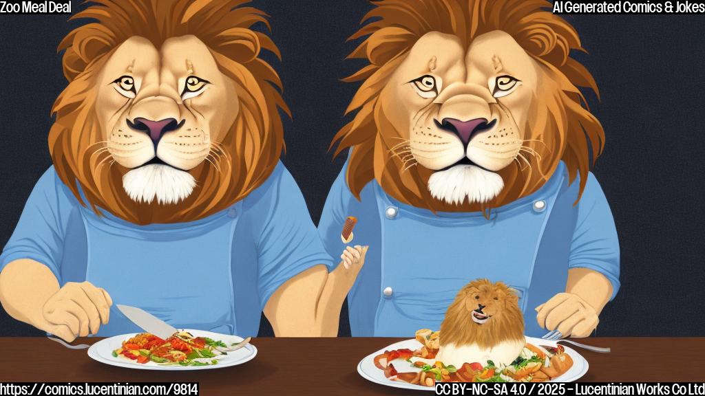 A cartoon-style image of a very happy, slightly overweight lion wearing a bib, sitting at a table with a knife and fork, looking expectantly at a small, worried guinea pig on a platter. The background is a plain light blue.
