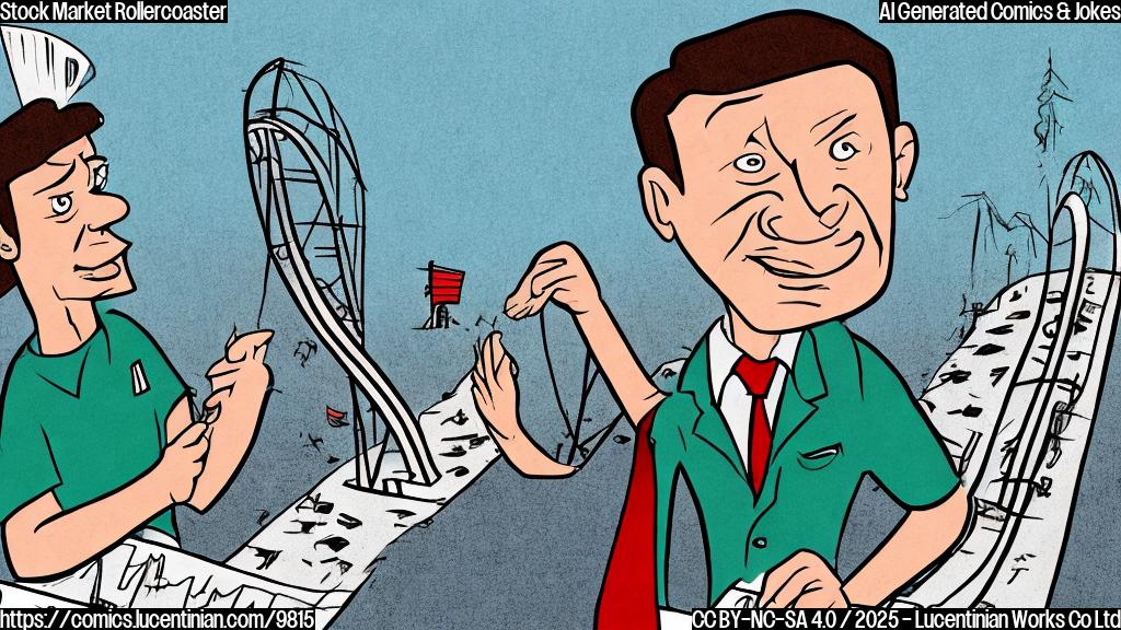 A cartoon drawing of a sad investor with a rollercoaster-shaped stock chart in the background, using plain, solid colors.