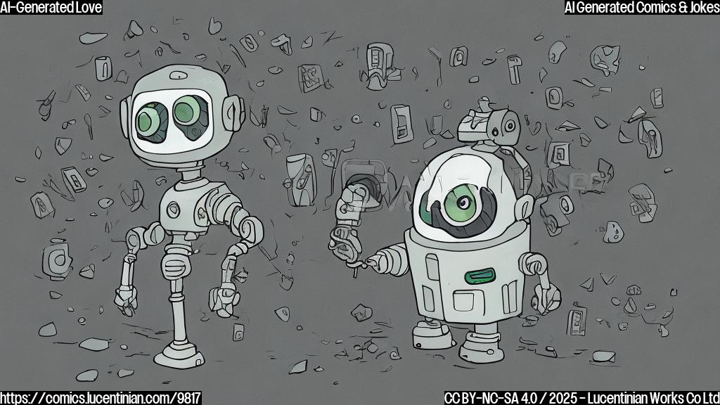 a plain color cartoon style picture of a sad-looking robot with a broken heart above its head