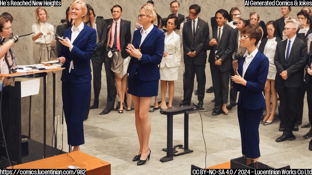 A female diplomat in her mid-30s with short, stylish blonde hair and a confident smile, standing on a desk or podium, holding a small ladder and wearing a suit and tie. She is in the middle of speaking to a large group of people at the United Nations.