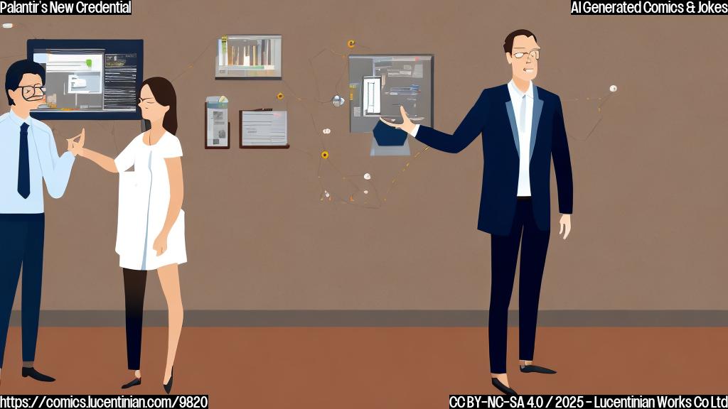 A cartoon image in a plain, flat style. A person wearing a suit is pointing dismissively at a diploma hanging on the wall. A second person, dressed in simple work clothes, is standing confidently in front of a computer screen filled with complex data visualizations. The background is a solid, neutral color.