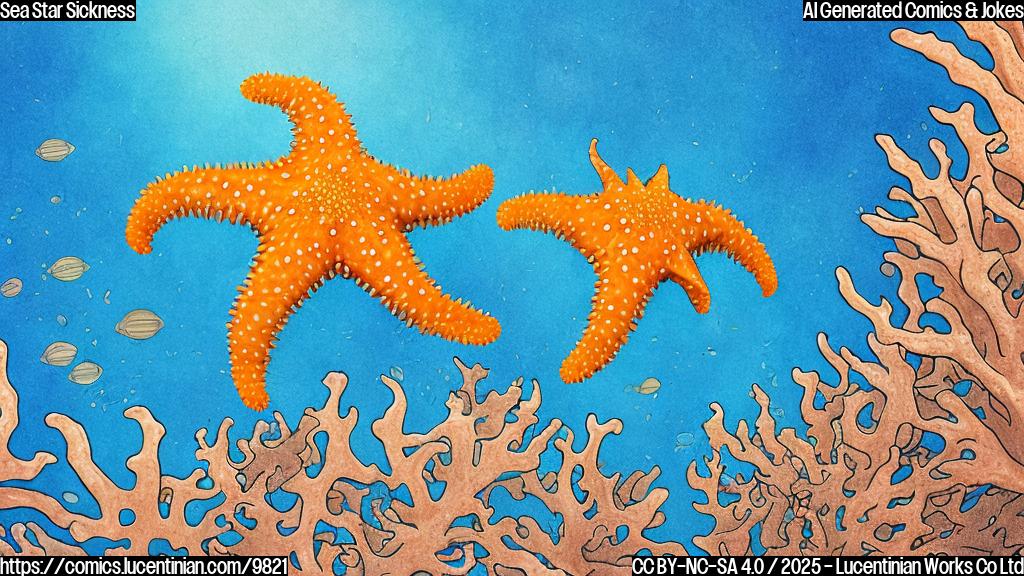 Cartoon drawing of a light orange five-armed sea star lying upside down on a light yellow seabed with a pale blue background. The sea star looks dizzy.