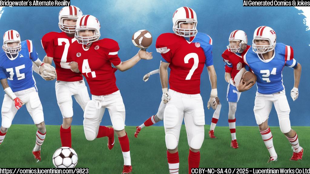 A simple cartoon image with a plain background. Two faceless football players, one in bright red jersey and the other in blue, are standing back-to-back looking in different directions. Both are holding footballs.