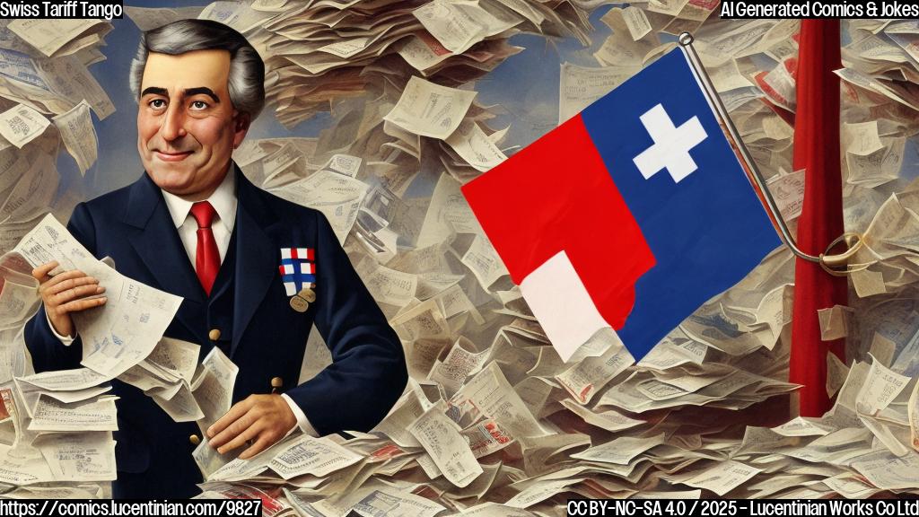 A cartoon of a Swiss president, depicted as a cheerful figure with a Swiss flag pin, nervously offering a large bar of chocolate to a stern-looking official representing the US, who is surrounded by stacks of papers labeled "Tariffs". The background is a plain light blue.