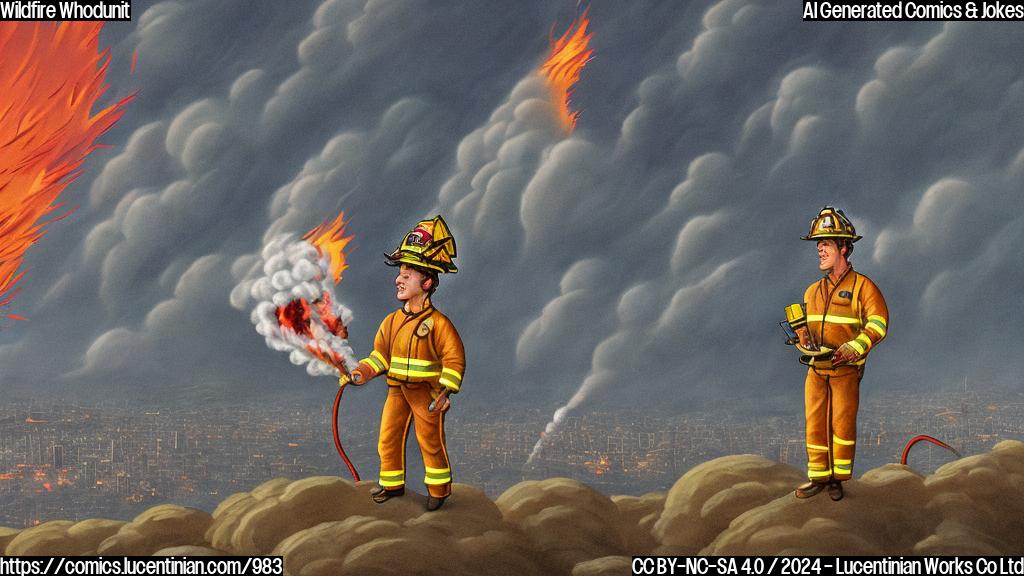 A cartoon of a firefighter standing on top of a large, burning hill with a ladder extended in front of him, wearing a party hat and holding a bottle of champagne. The background is filled with flames and smoke from both coasts, with a cityscape in the distance.