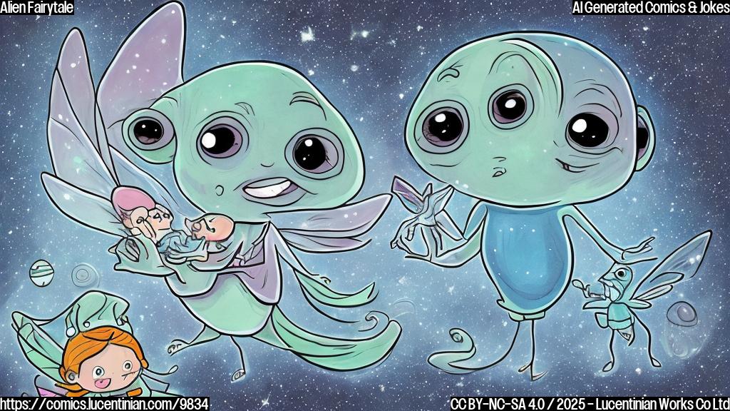 A cartoon-style drawing of a cute, big-eyed alien holding a tiny fairy with shimmering wings in its hand, both floating in a pastel-colored space with a few stars. The alien has a friendly smile.