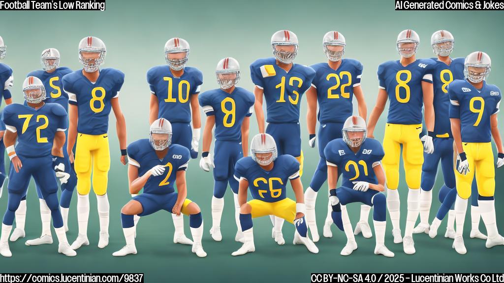 Cartoon image of a sad football team with a big number 8 on their jerseys, plain background.