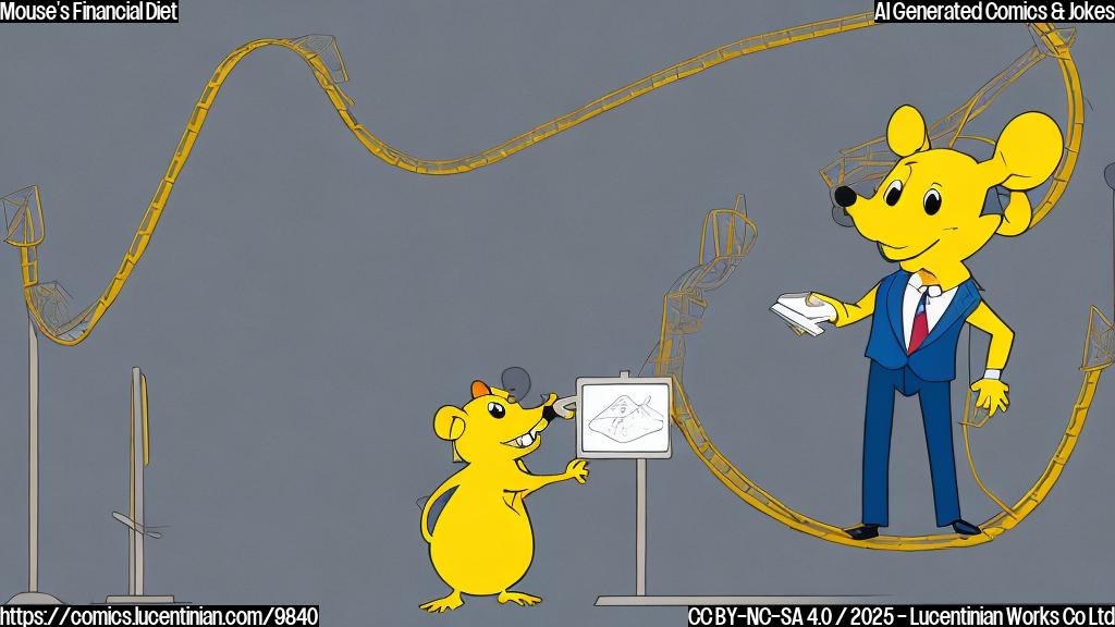 Plain color cartoon style picture of a cheerful looking yellow mouse wearing business attire (suit and tie) standing next to a graph showing an upward trend, with a small roller coaster in the background.