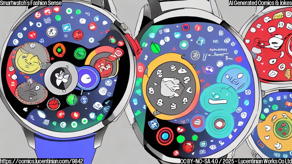 A plain color cartoon of a confused-looking smartwatch with multiple different watch faces displaying simultaneously, surrounded by flashing red and blue lights.