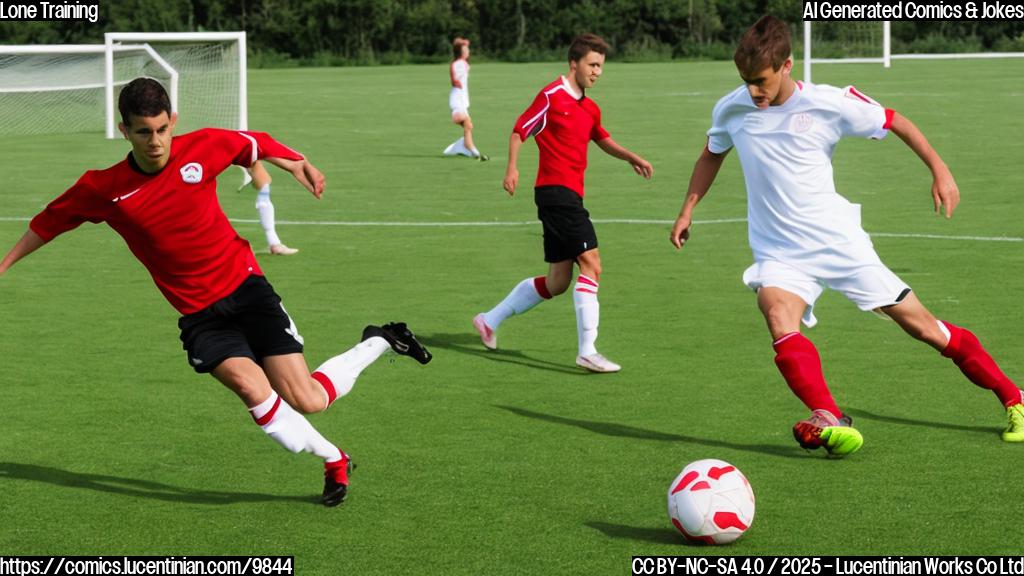 A soccer player with a red and white uniform training alone on a bright green soccer field, plain color cartoon style.